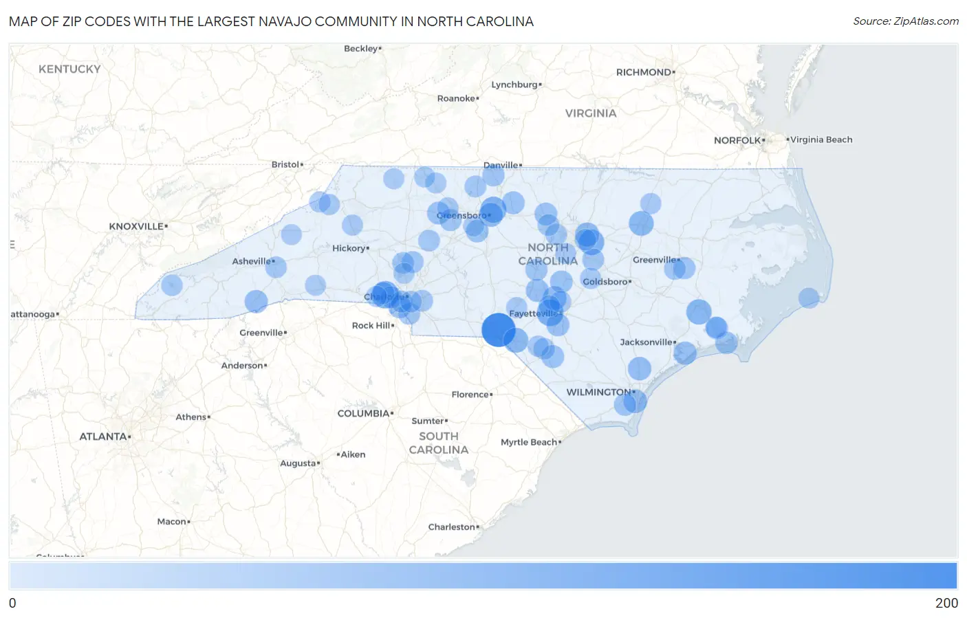 Zip Codes with the Largest Navajo Community in North Carolina Map