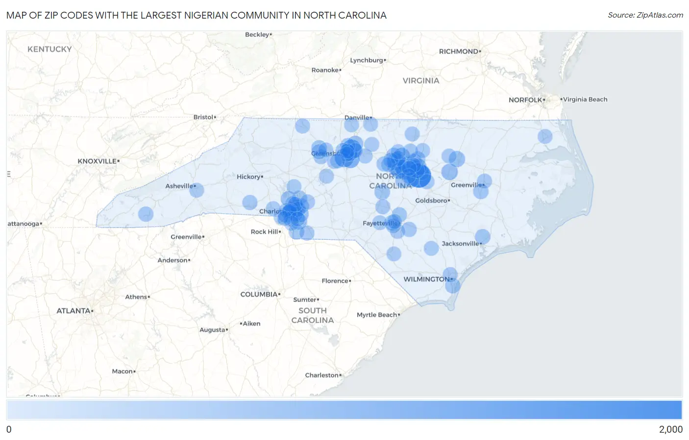 Zip Codes with the Largest Nigerian Community in North Carolina Map