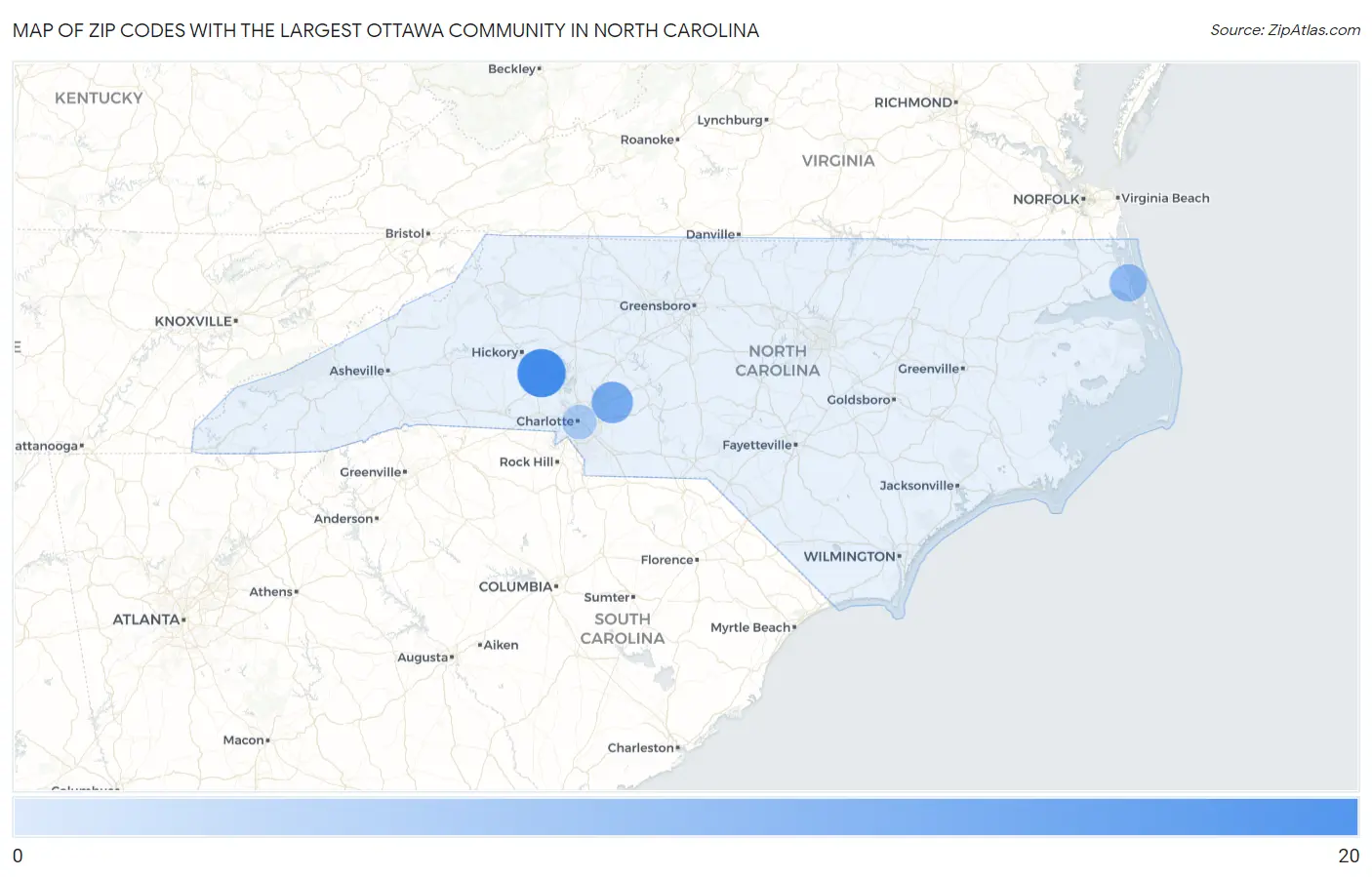 Zip Codes with the Largest Ottawa Community in North Carolina Map