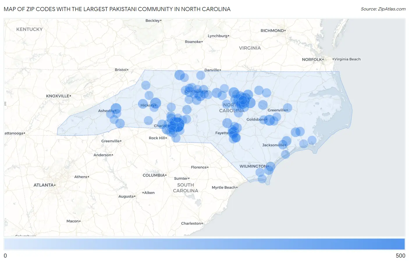 Zip Codes with the Largest Pakistani Community in North Carolina Map
