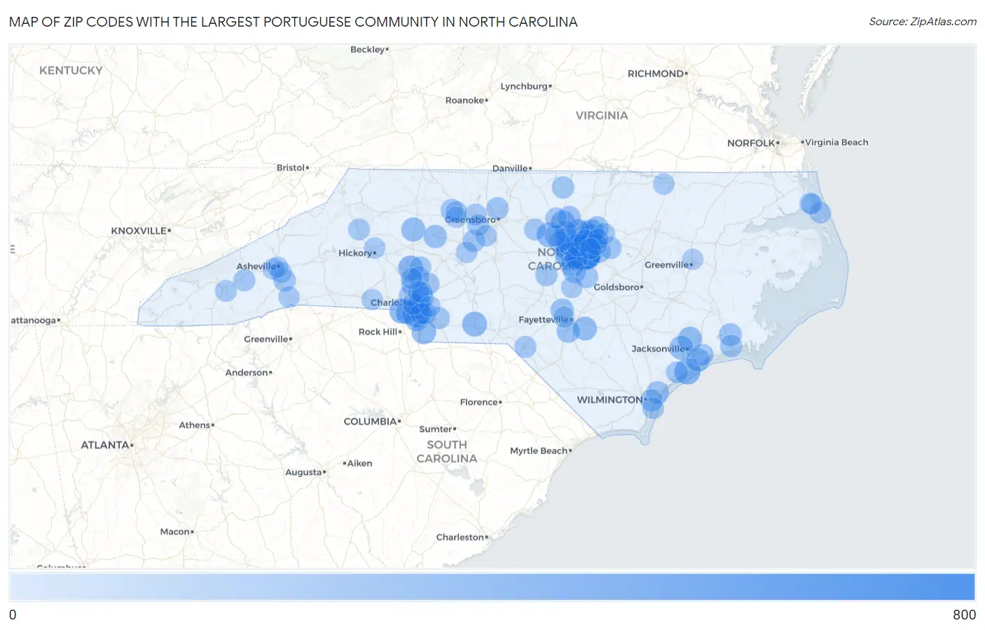 Zip Codes with the Largest Portuguese Community in North Carolina Map