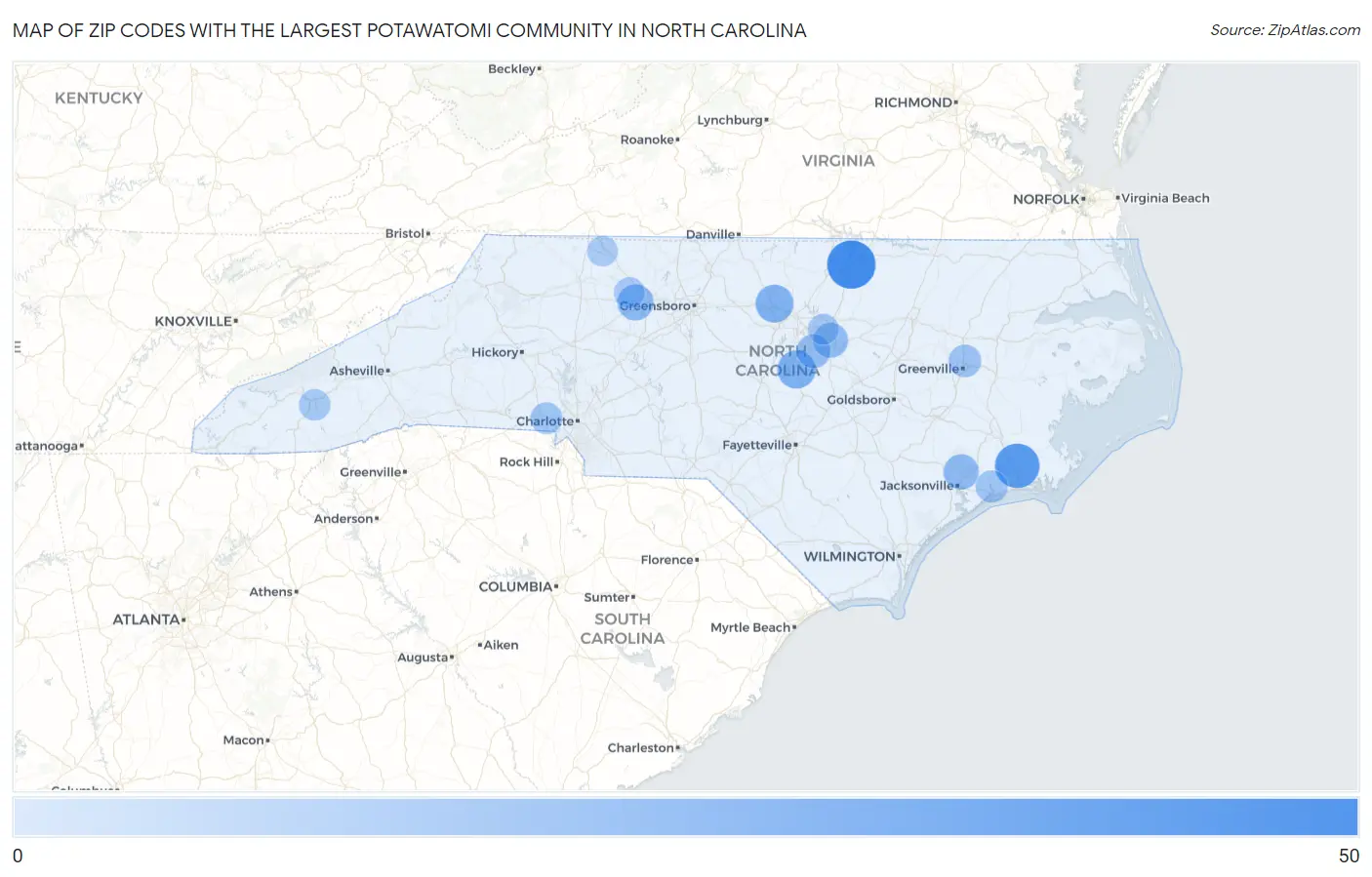Zip Codes with the Largest Potawatomi Community in North Carolina Map