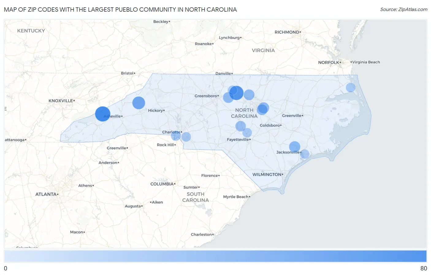Zip Codes with the Largest Pueblo Community in North Carolina Map