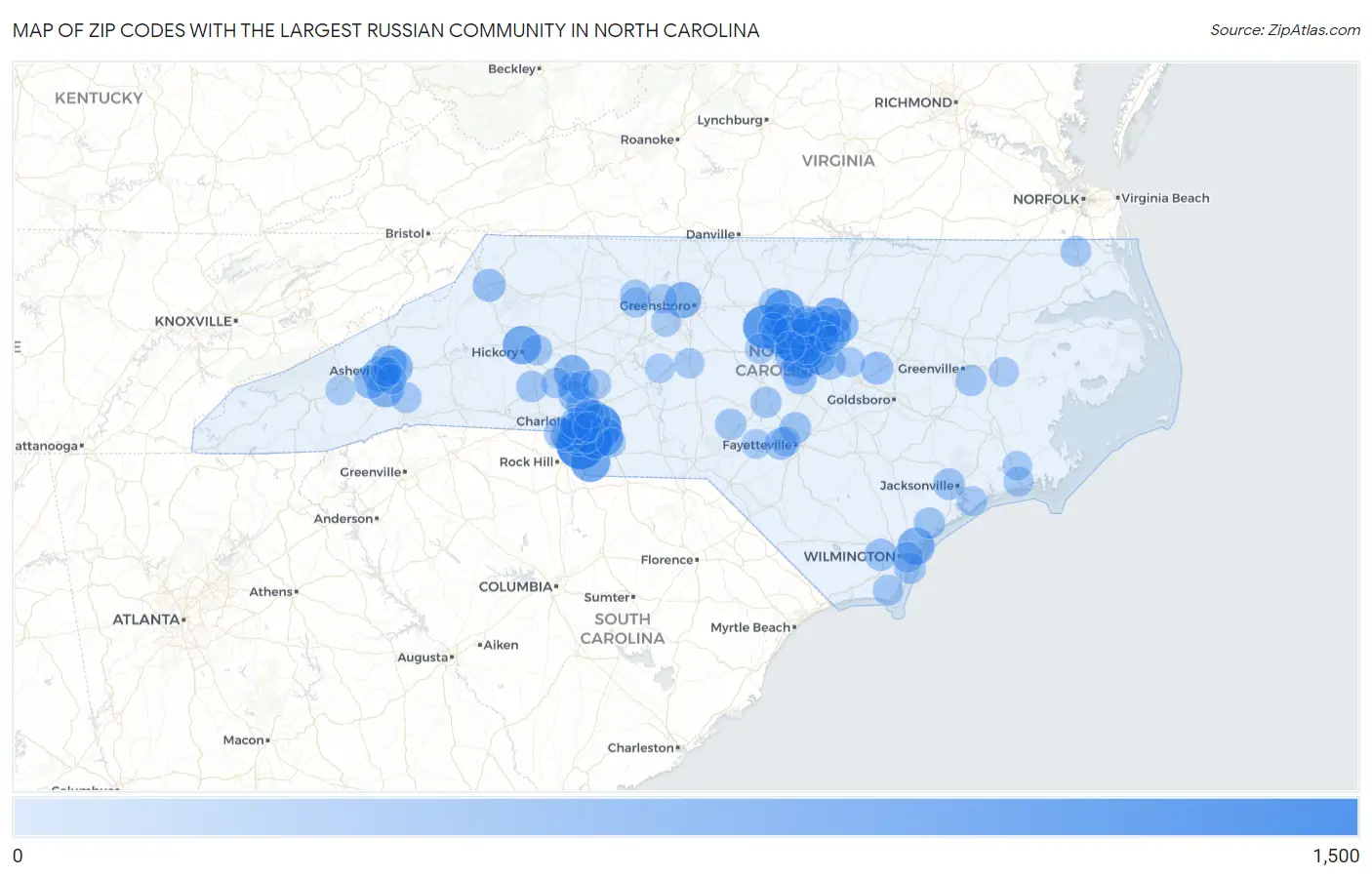 Zip Codes with the Largest Russian Community in North Carolina Map