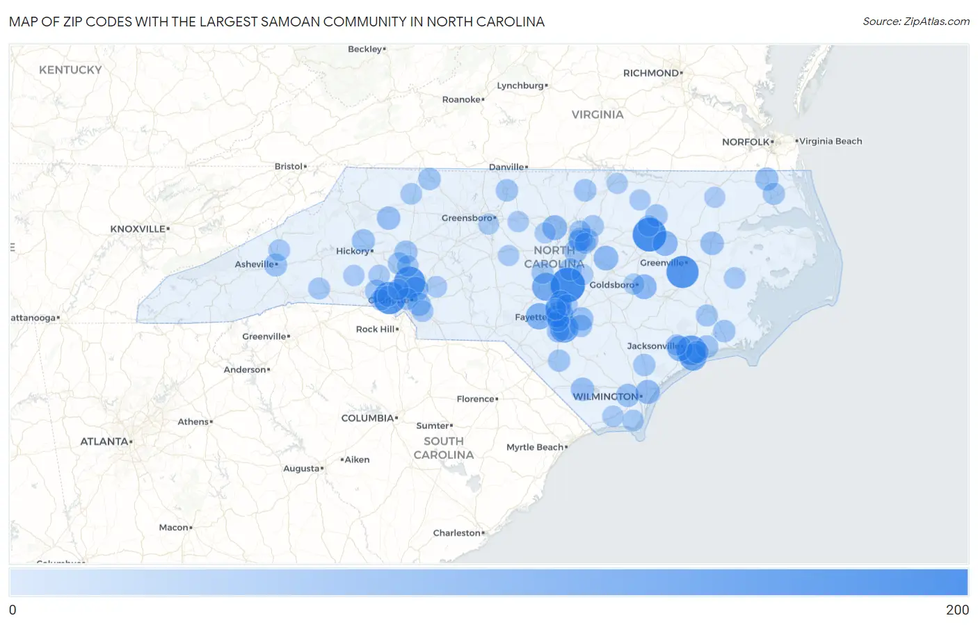 Zip Codes with the Largest Samoan Community in North Carolina Map