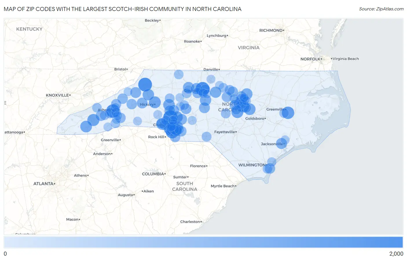 Zip Codes with the Largest Scotch-Irish Community in North Carolina Map