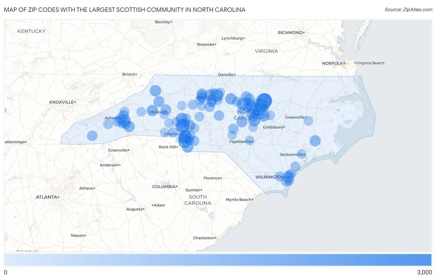 Zip Codes with the Largest Scottish Community in North Carolina Map