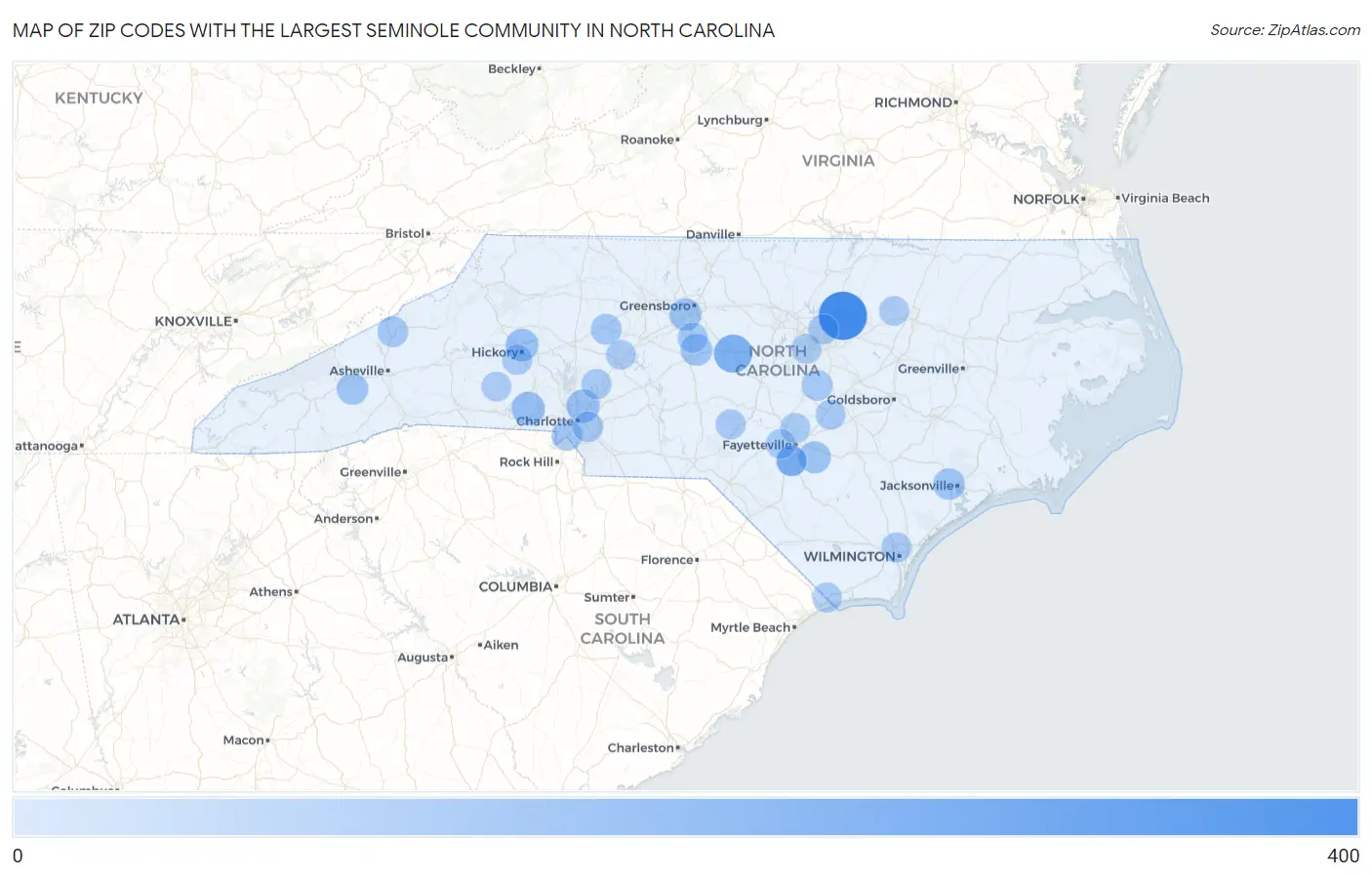 Zip Codes with the Largest Seminole Community in North Carolina Map
