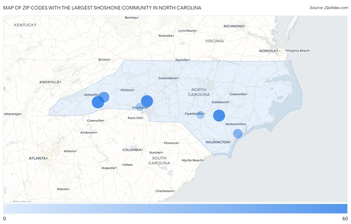 Zip Codes with the Largest Shoshone Community in North Carolina Map