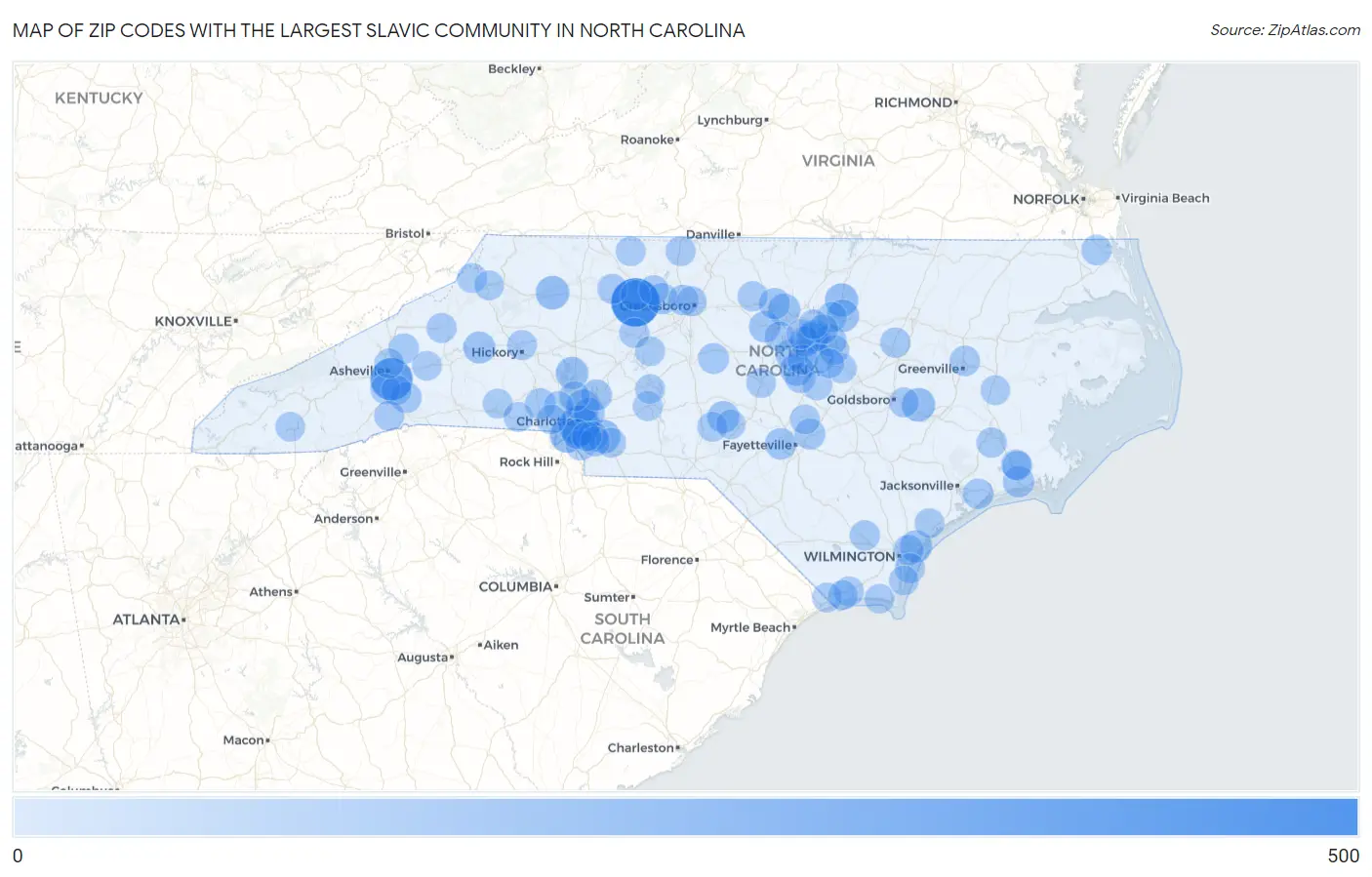 Zip Codes with the Largest Slavic Community in North Carolina Map