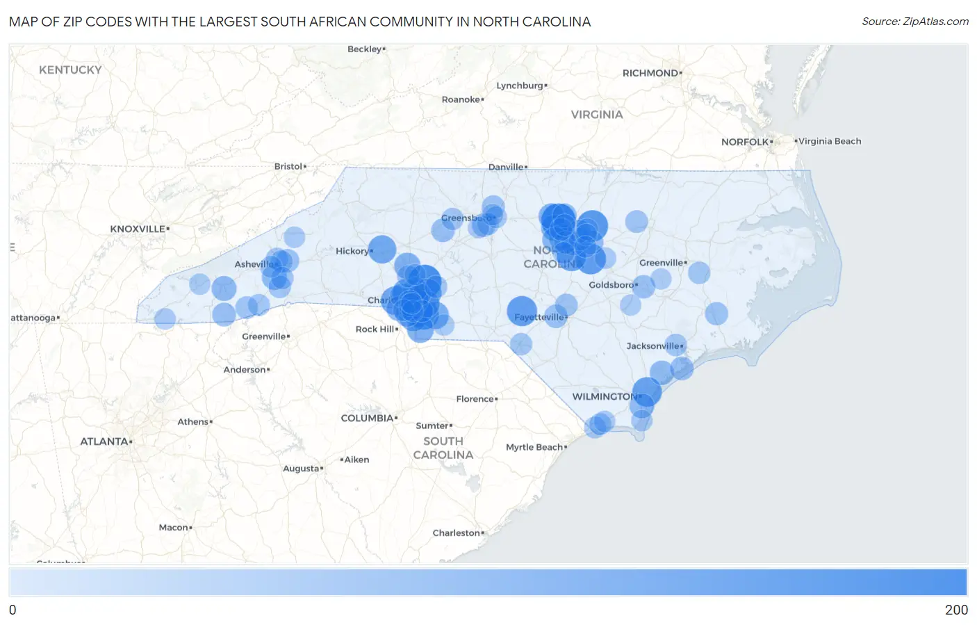 Zip Codes with the Largest South African Community in North Carolina Map