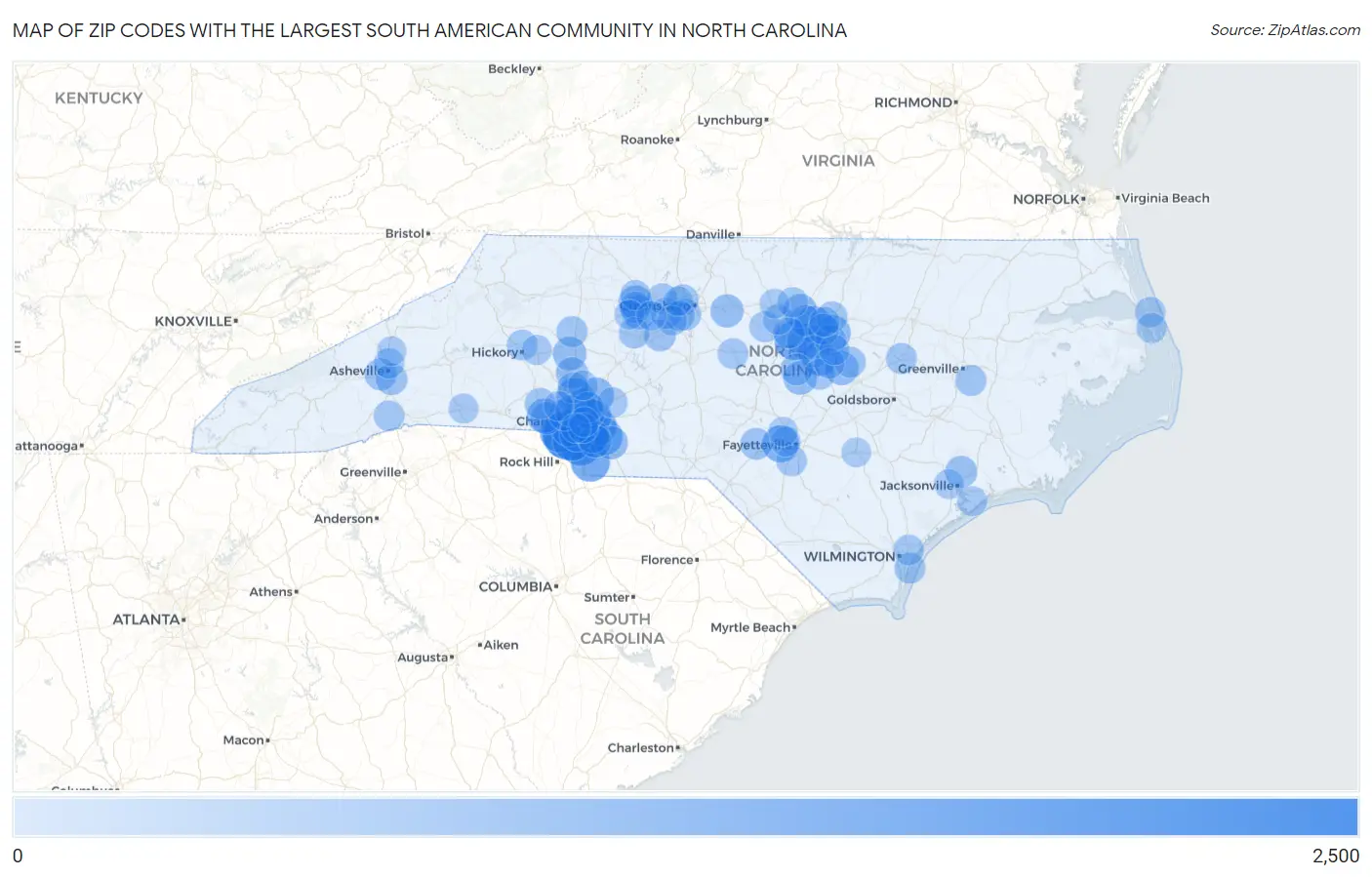 Zip Codes with the Largest South American Community in North Carolina Map