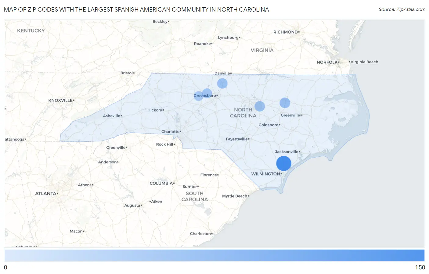 Zip Codes with the Largest Spanish American Community in North Carolina Map