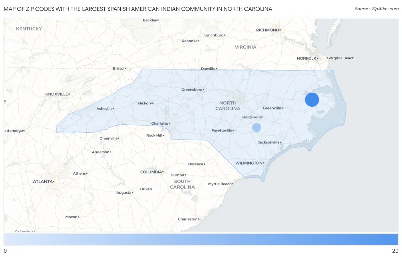 Zip Codes with the Largest Spanish American Indian Community in North Carolina Map