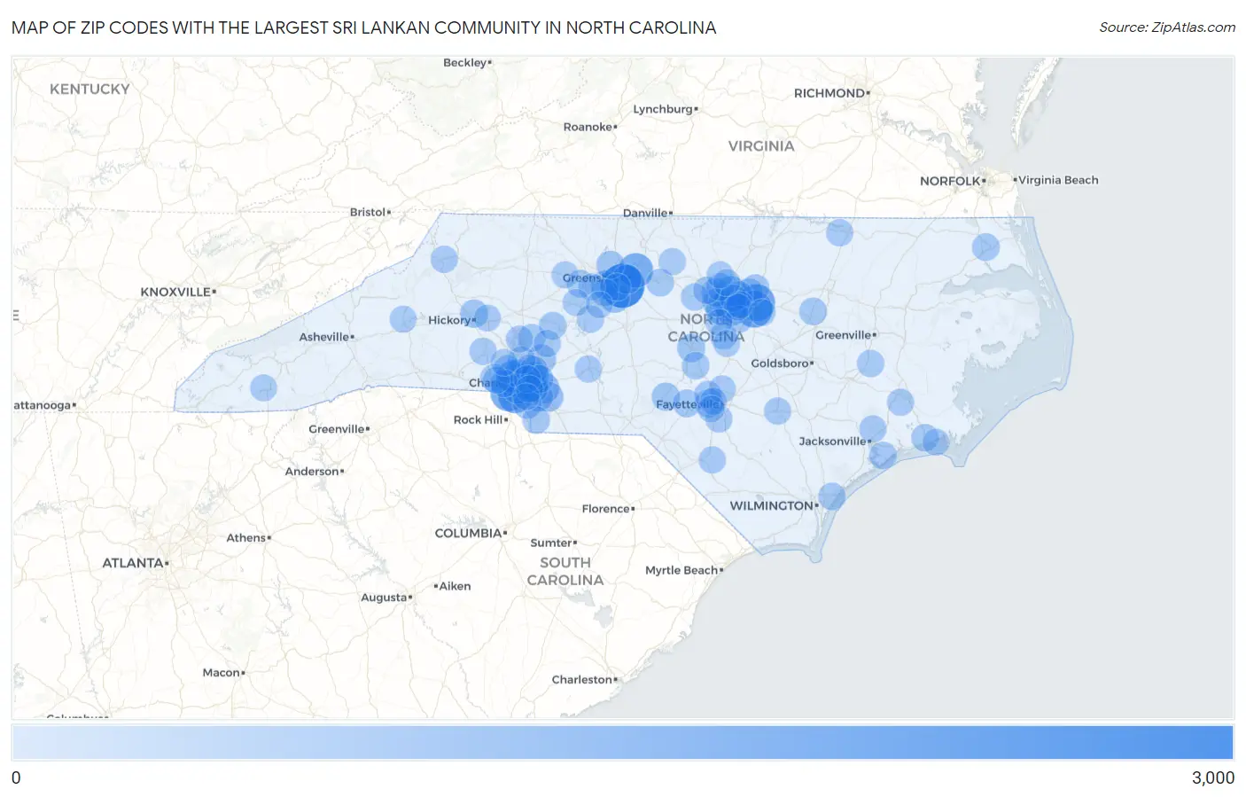 Zip Codes with the Largest Sri Lankan Community in North Carolina Map
