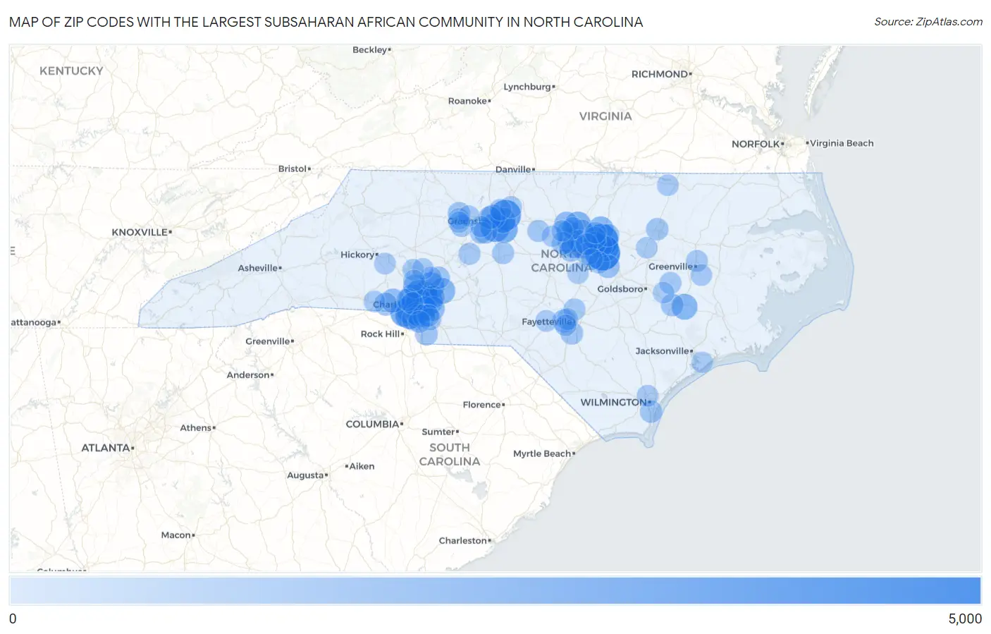 Zip Codes with the Largest Subsaharan African Community in North Carolina Map