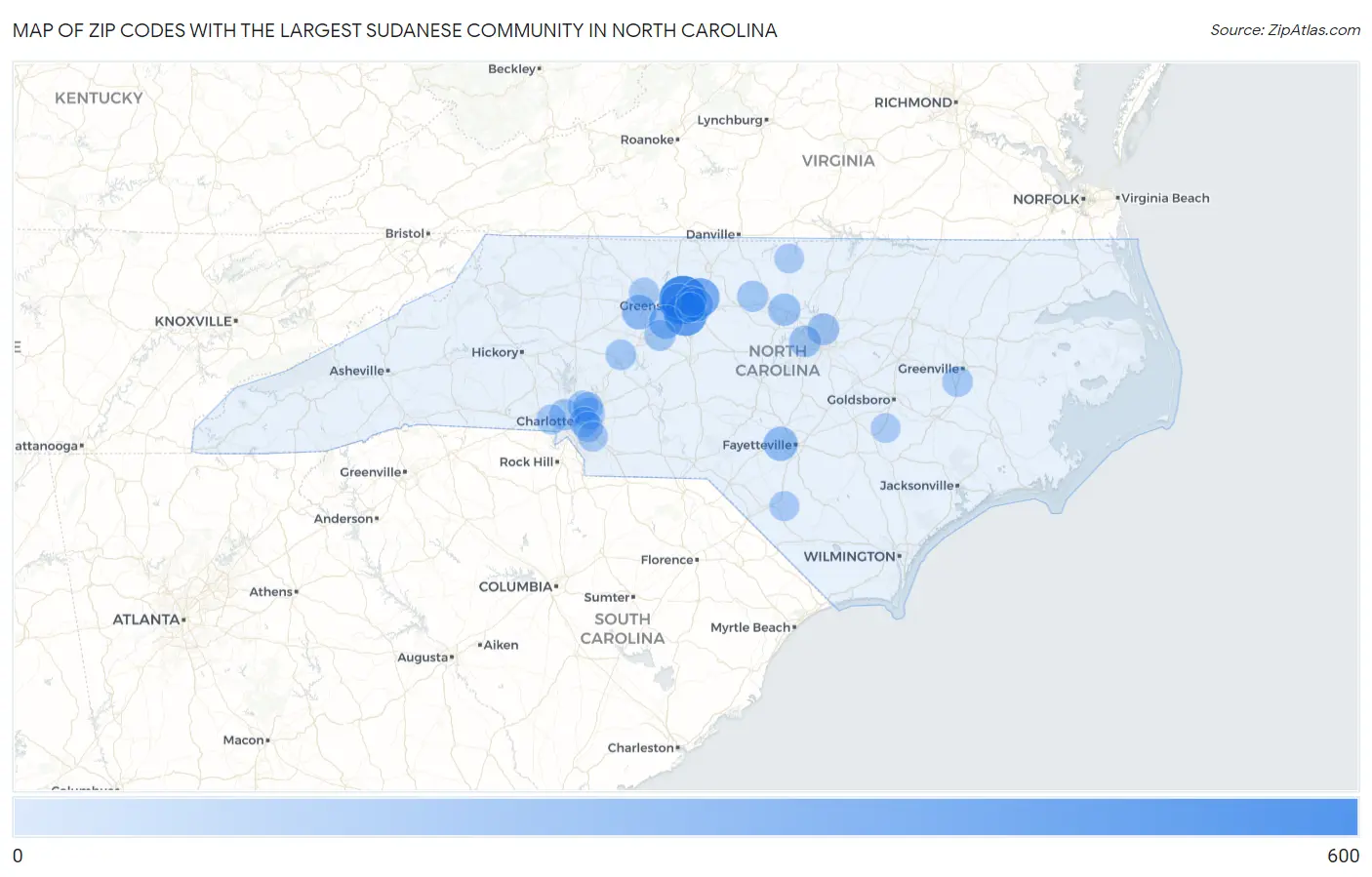 Zip Codes with the Largest Sudanese Community in North Carolina Map