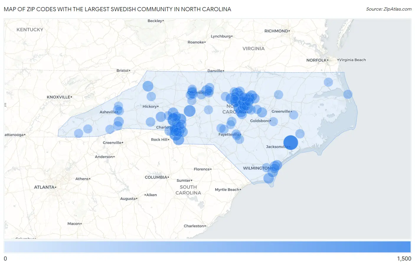 Zip Codes with the Largest Swedish Community in North Carolina Map