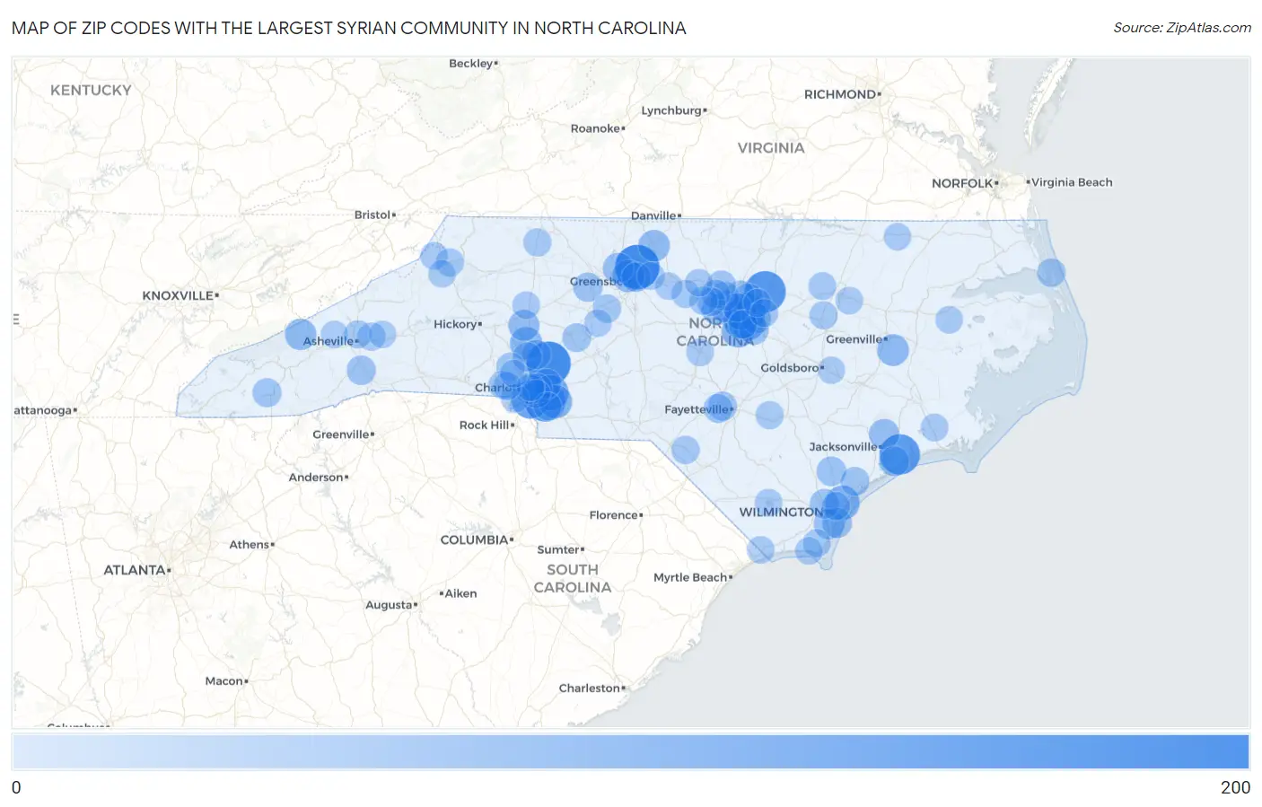 Zip Codes with the Largest Syrian Community in North Carolina Map