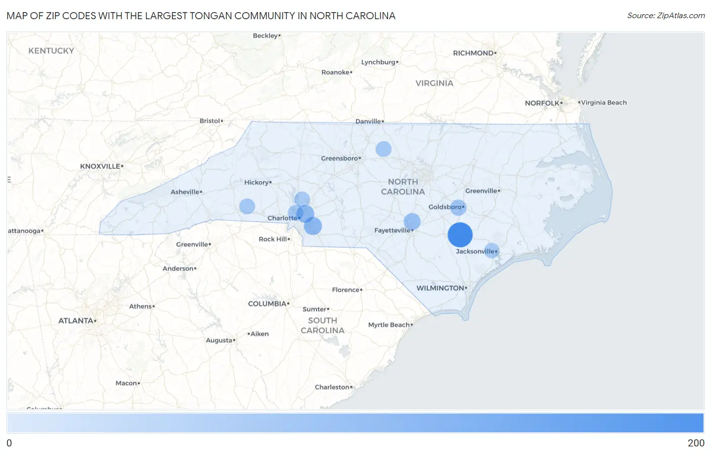 Zip Codes with the Largest Tongan Community in North Carolina Map