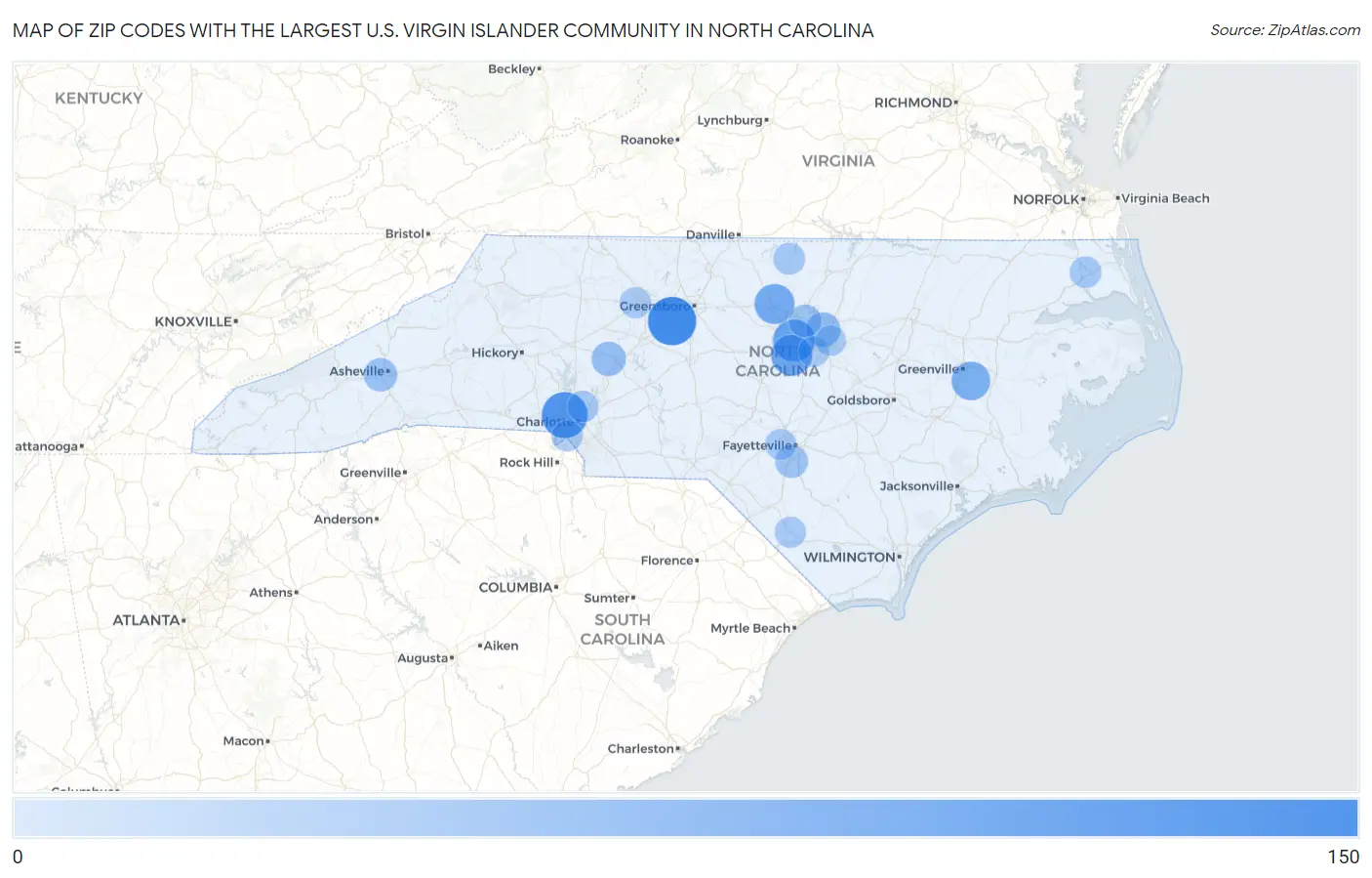 Zip Codes with the Largest U.S. Virgin Islander Community in North Carolina Map