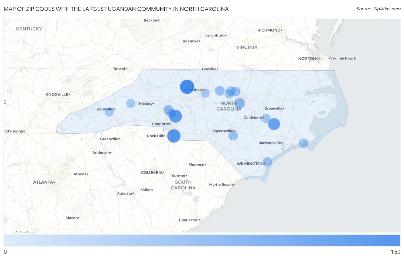 Zip Codes with the Largest Ugandan Community in North Carolina Map