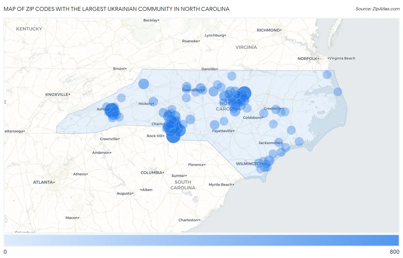 Zip Codes with the Largest Ukrainian Community in North Carolina Map