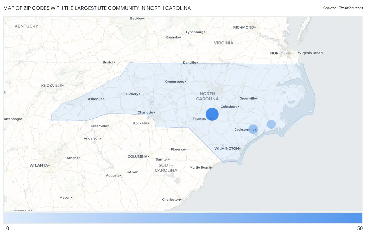 Zip Codes with the Largest Ute Community in North Carolina Map