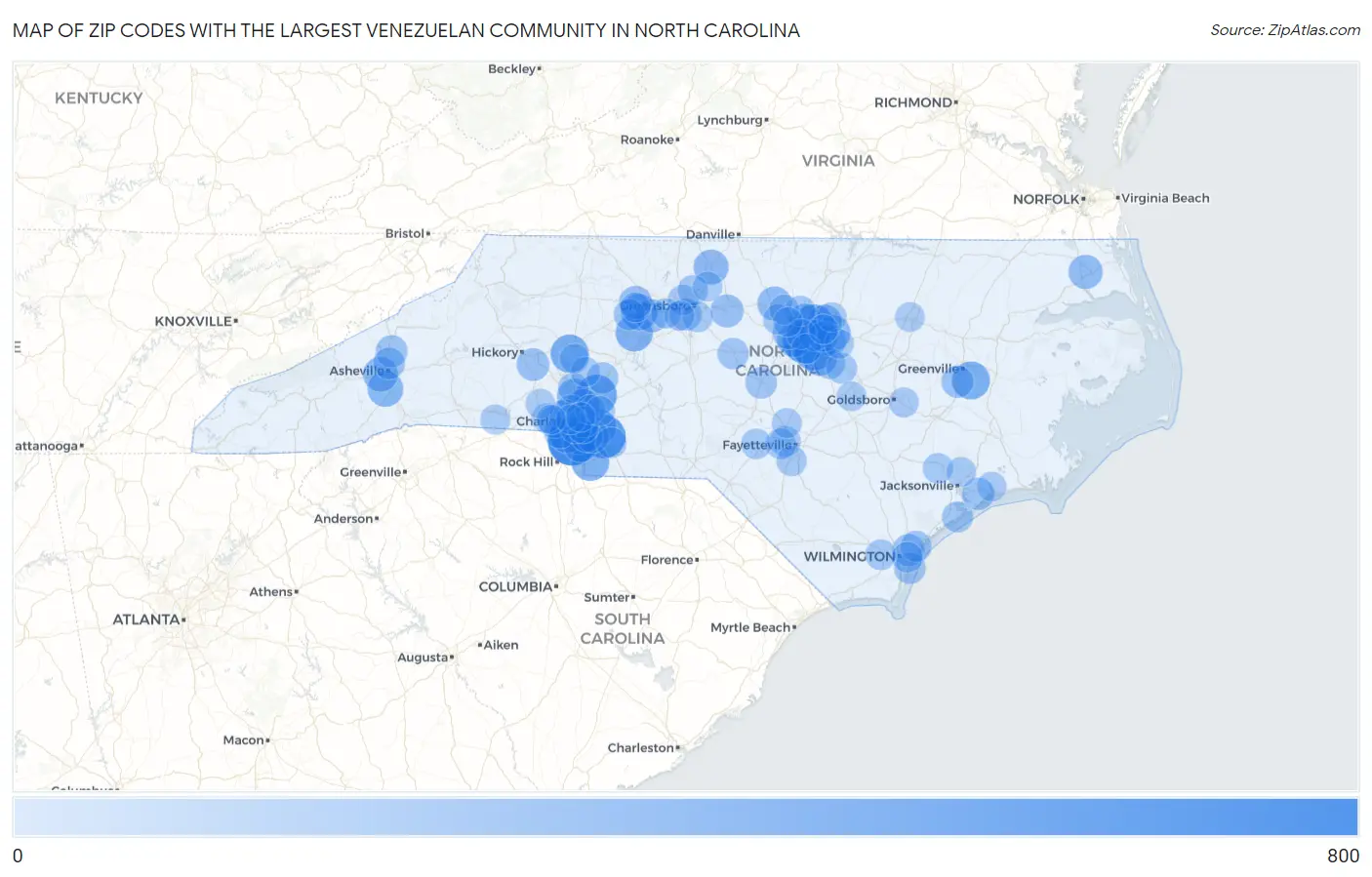 Zip Codes with the Largest Venezuelan Community in North Carolina Map