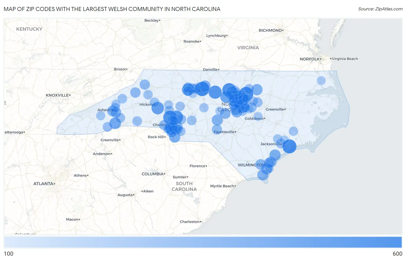 Zip Codes with the Largest Welsh Community in North Carolina Map
