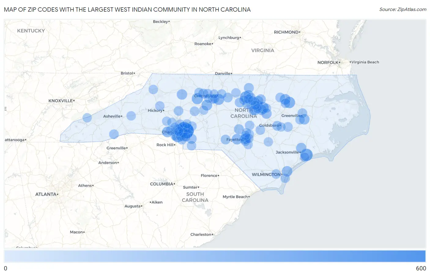 Zip Codes with the Largest West Indian Community in North Carolina Map