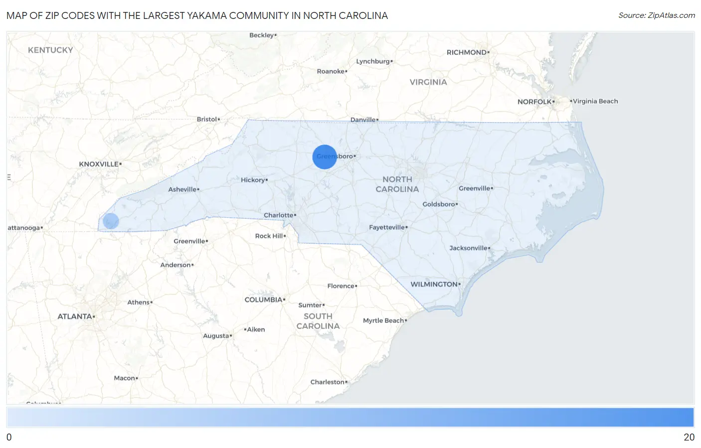 Zip Codes with the Largest Yakama Community in North Carolina Map