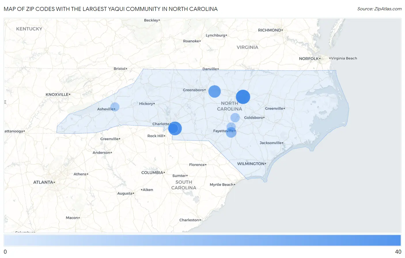Zip Codes with the Largest Yaqui Community in North Carolina Map