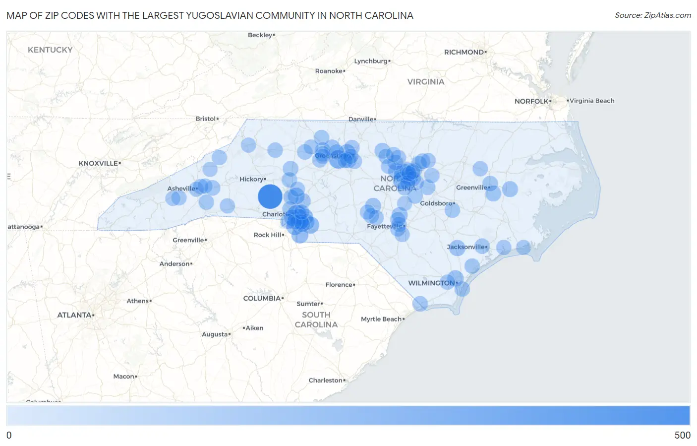 Zip Codes with the Largest Yugoslavian Community in North Carolina Map