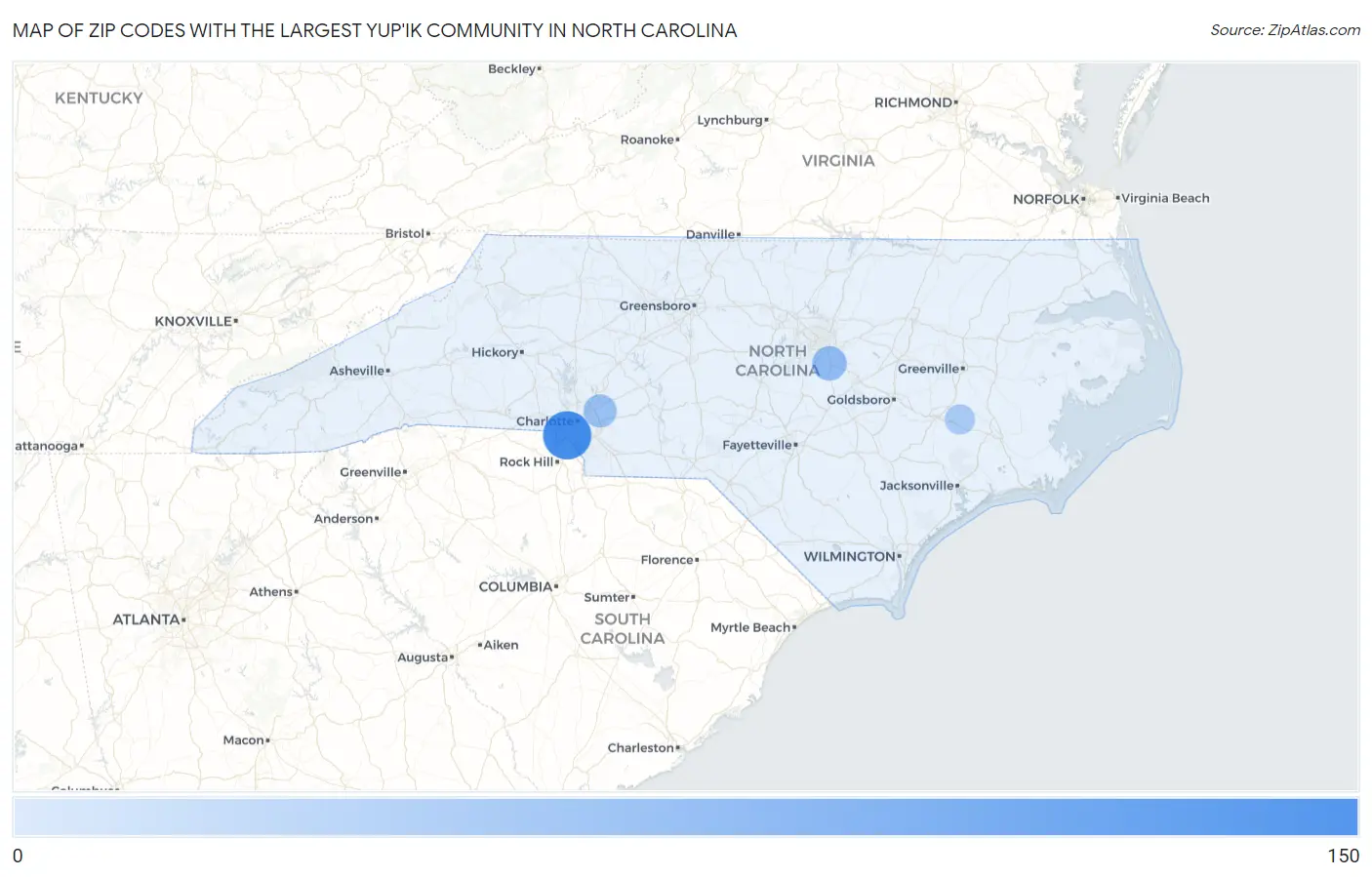 Zip Codes with the Largest Yup'ik Community in North Carolina Map