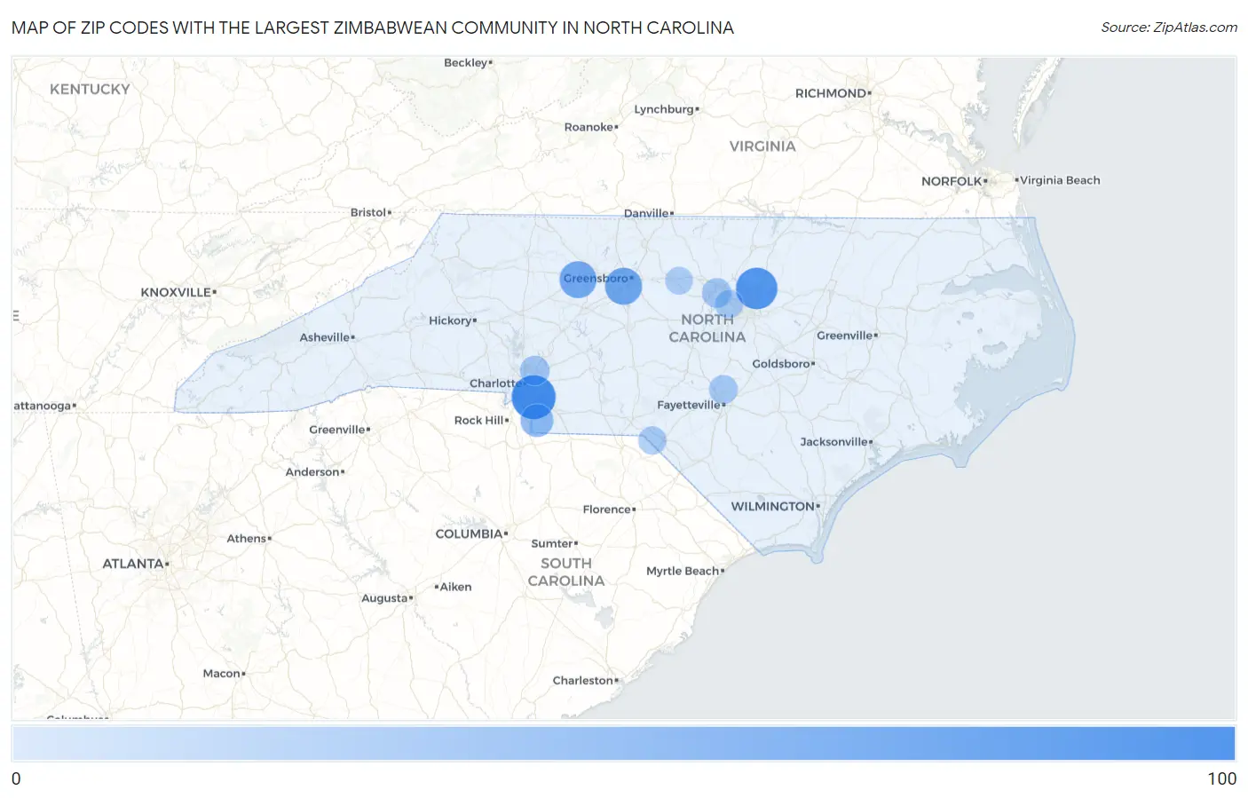 Zip Codes with the Largest Zimbabwean Community in North Carolina Map