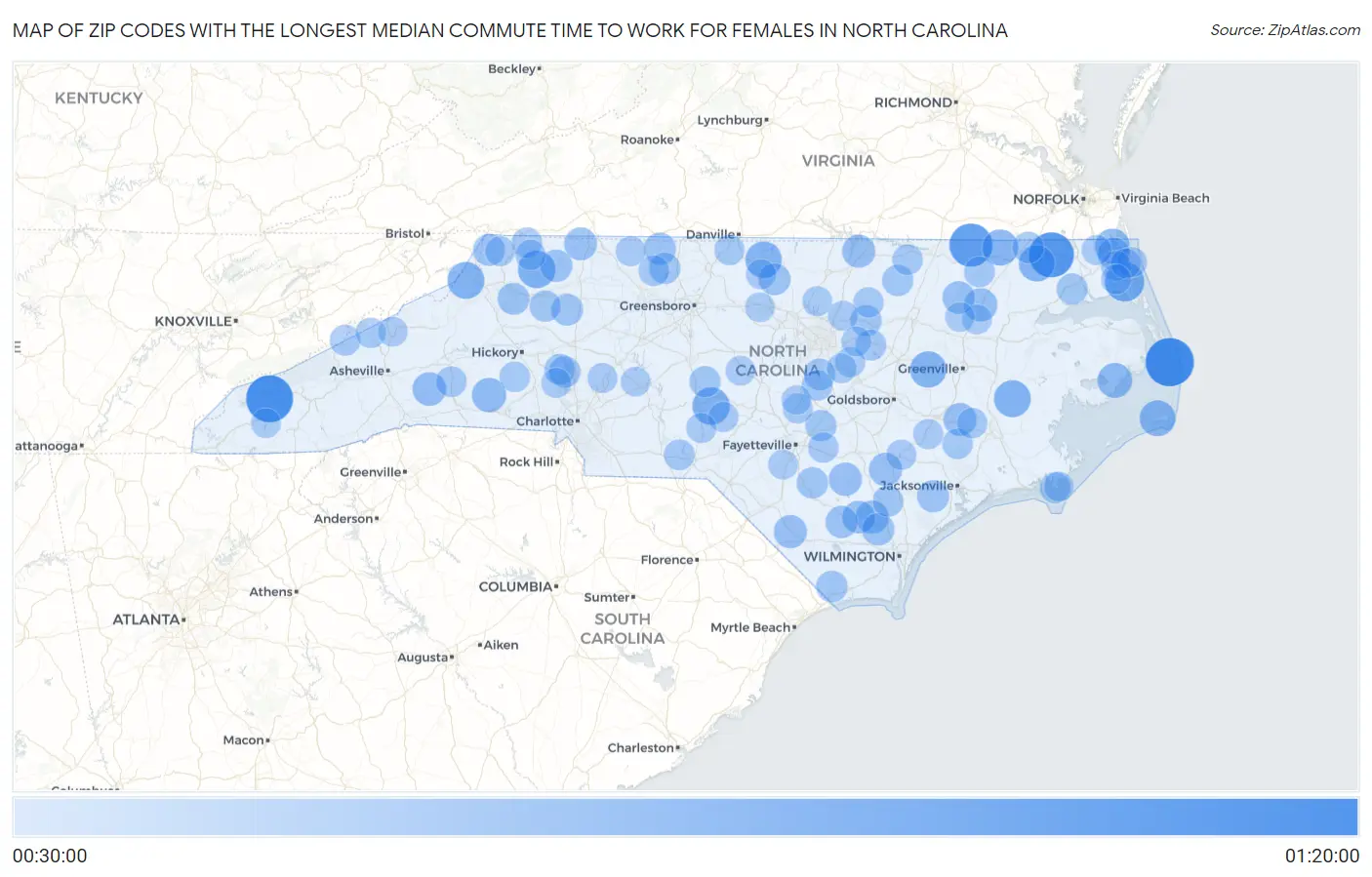 Zip Codes with the Longest Median Commute Time to Work for Females in North Carolina Map
