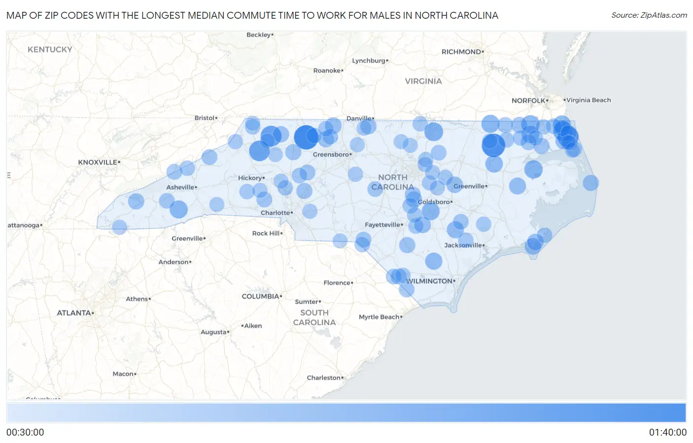 Zip Codes with the Longest Median Commute Time to Work for Males in North Carolina Map