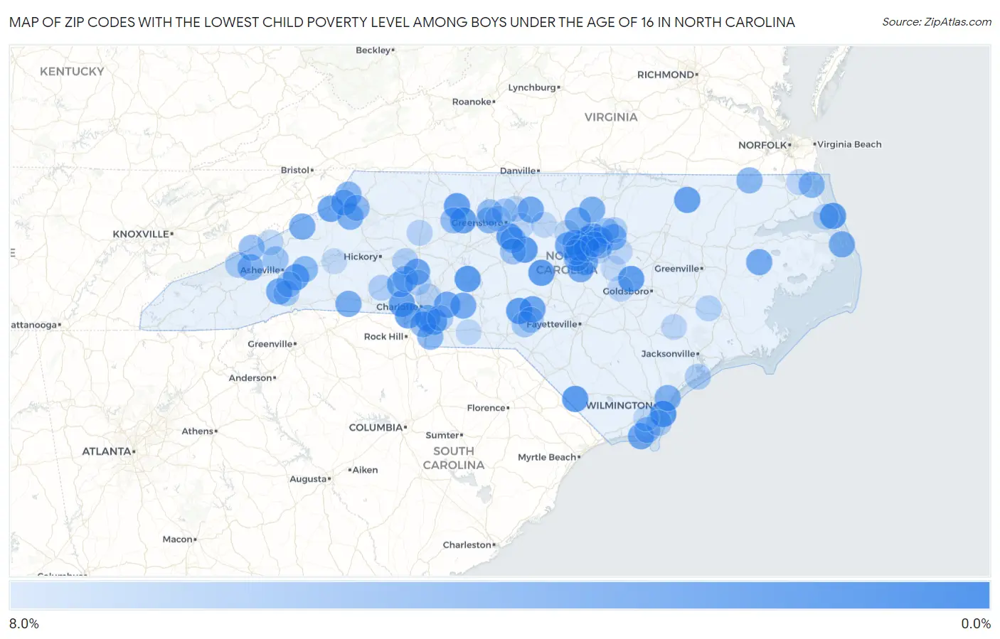 Zip Codes with the Lowest Child Poverty Level Among Boys Under the Age of 16 in North Carolina Map