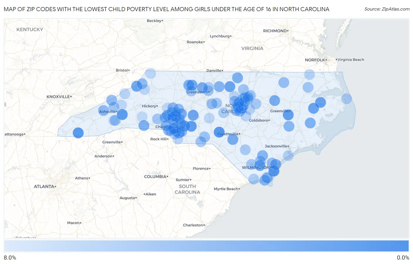 Zip Codes with the Lowest Child Poverty Level Among Girls Under the Age of 16 in North Carolina Map
