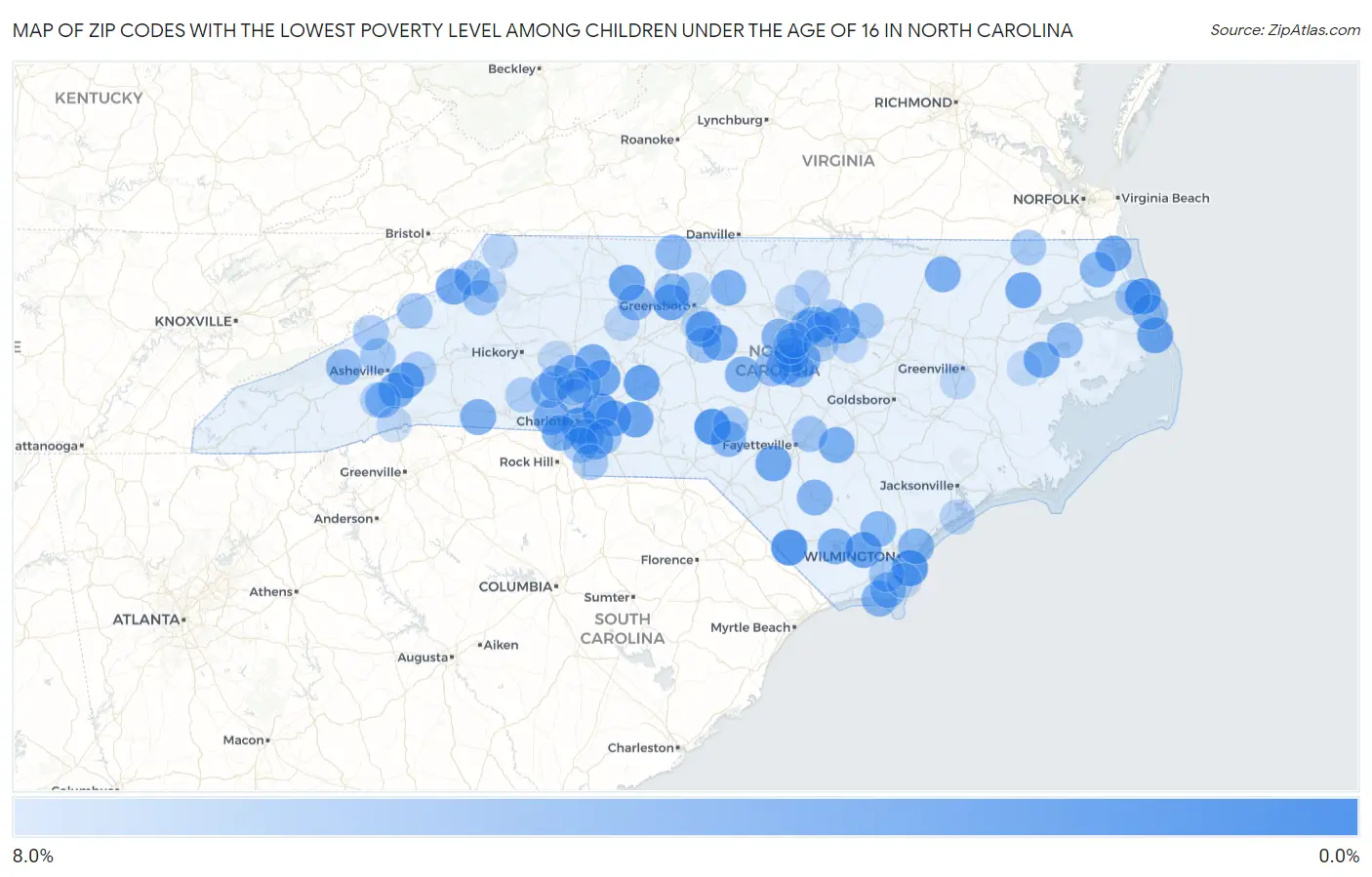 Zip Codes with the Lowest Poverty Level Among Children Under the Age of 16 in North Carolina Map