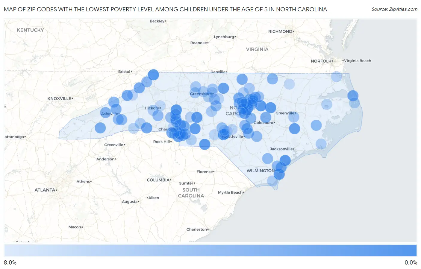 Zip Codes with the Lowest Poverty Level Among Children Under the Age of 5 in North Carolina Map