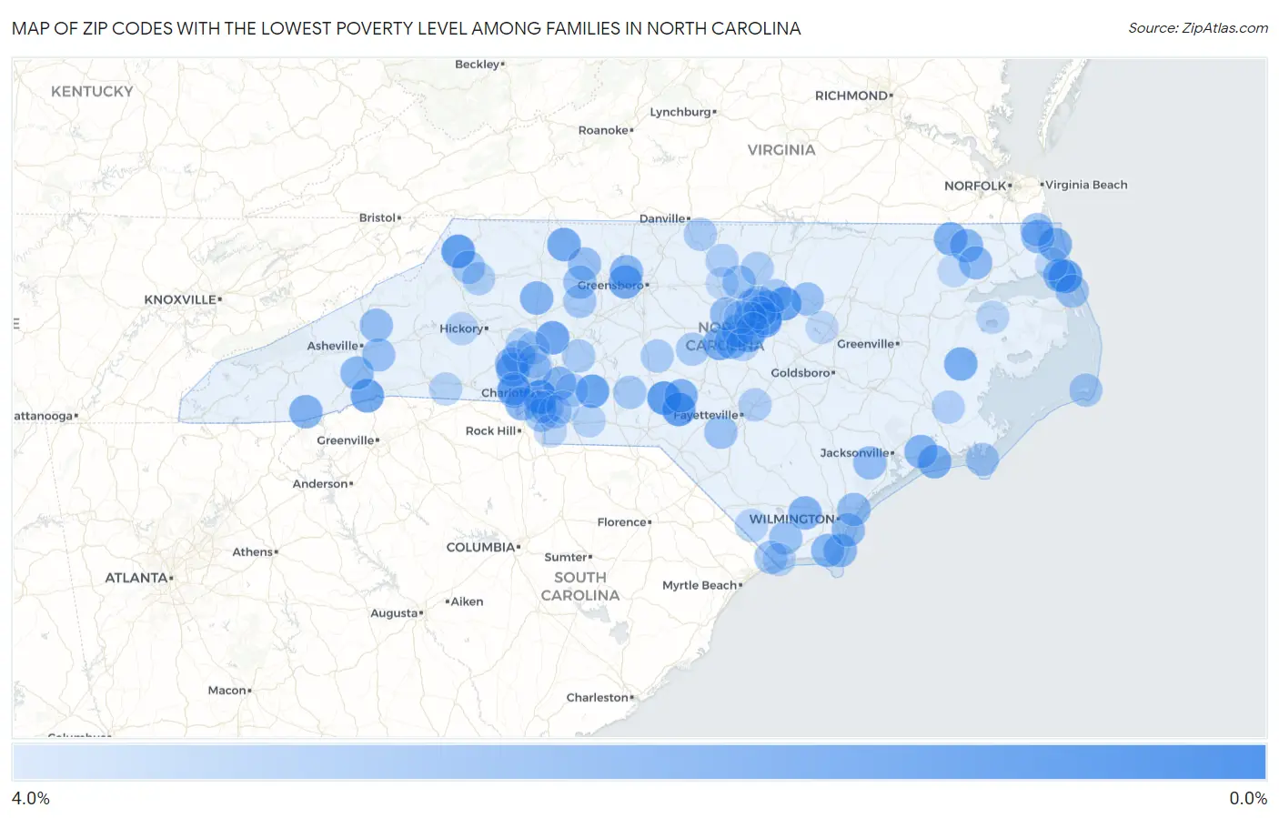 Zip Codes with the Lowest Poverty Level Among Families in North Carolina Map