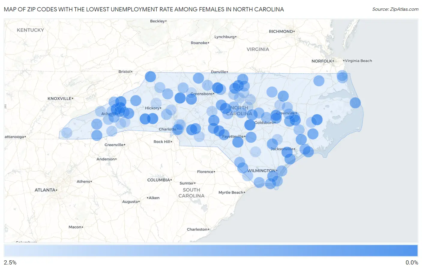 Zip Codes with the Lowest Unemployment Rate Among Females in North Carolina Map