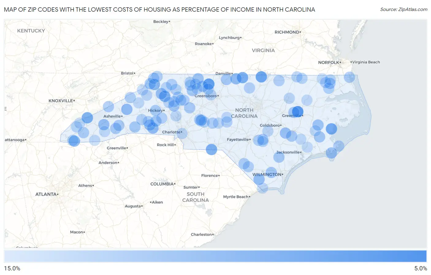 Zip Codes with the Lowest Costs of Housing as Percentage of Income in North Carolina Map