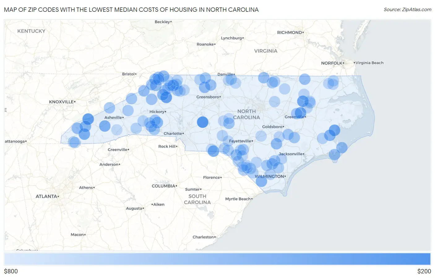 Zip Codes with the Lowest Median Costs of Housing in North Carolina Map