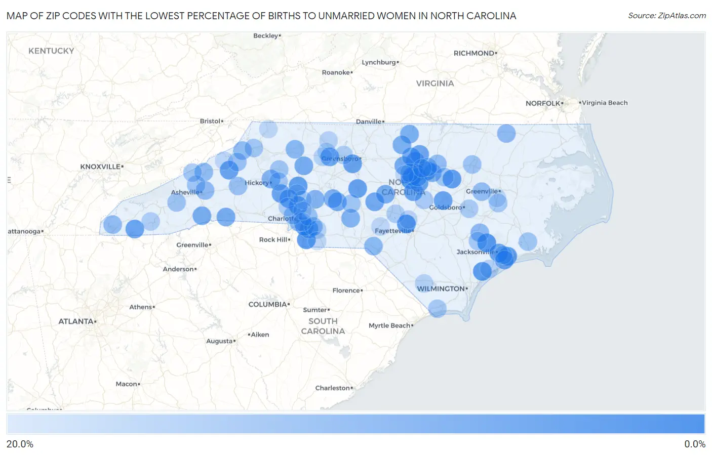Zip Codes with the Lowest Percentage of Births to Unmarried Women in North Carolina Map