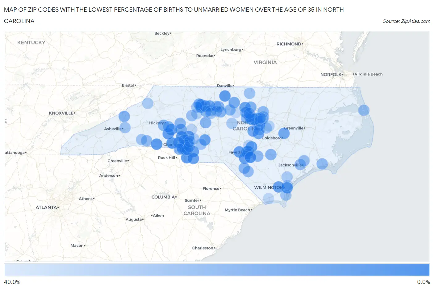 Zip Codes with the Lowest Percentage of Births to Unmarried Women over the Age of 35 in North Carolina Map