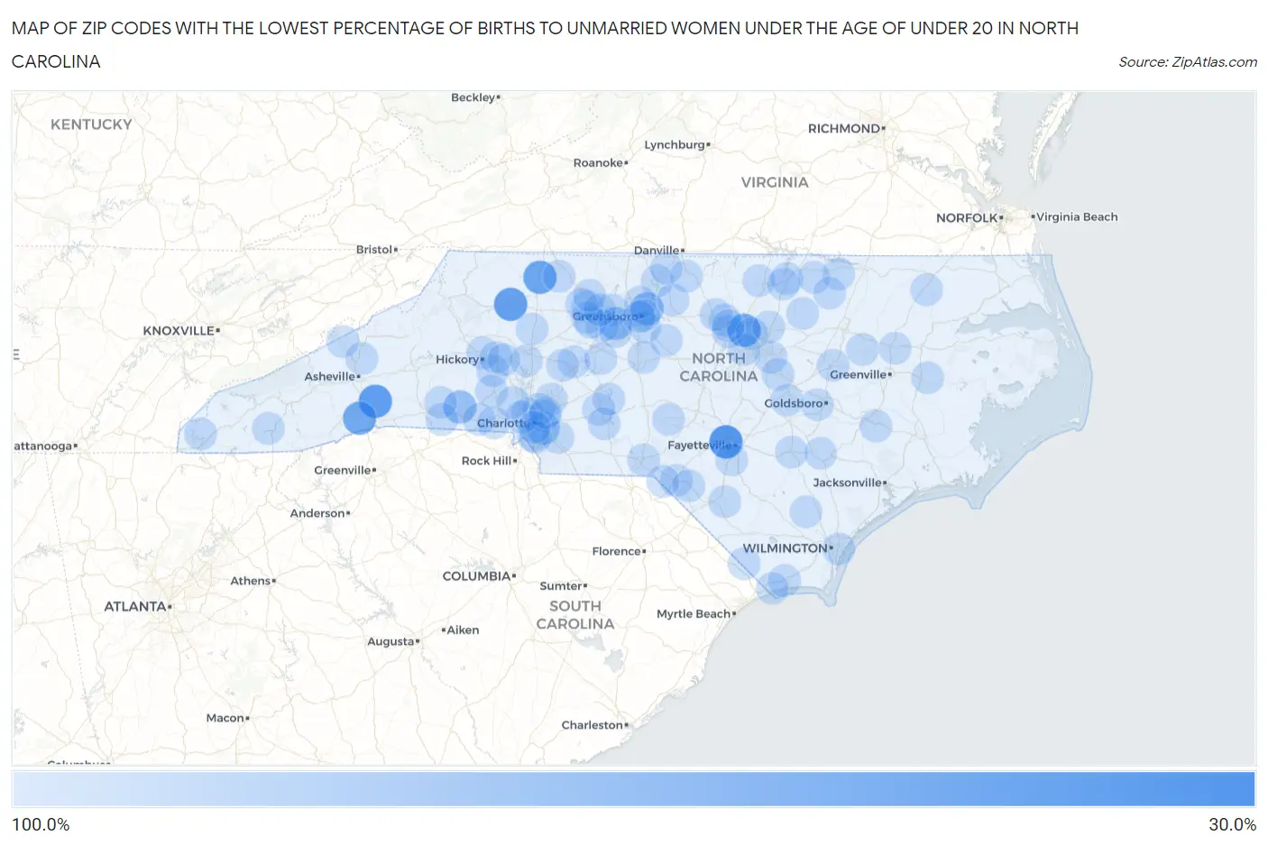 Zip Codes with the Lowest Percentage of Births to Unmarried Women under the Age of under 20 in North Carolina Map