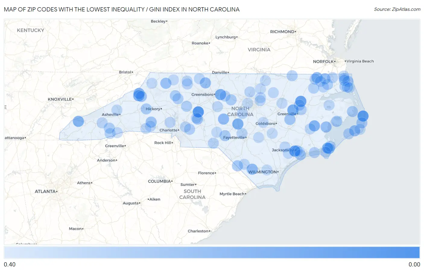 Zip Codes with the Lowest Inequality / Gini Index in North Carolina Map